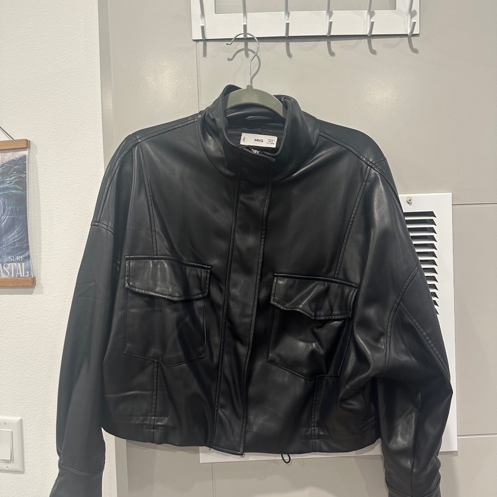 Mango Pocket Black Leather Biker Jacket